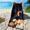 Ukiyo-e Style Black Cat and Sushi Theme Polyester Microfiber Beach Towel Is Highly Absorbent, Suitable Swimming Beach Outings