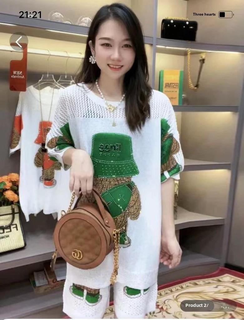 Plus Size Women's Summer Bear Print Knitted Two-Piece Shorts Suit