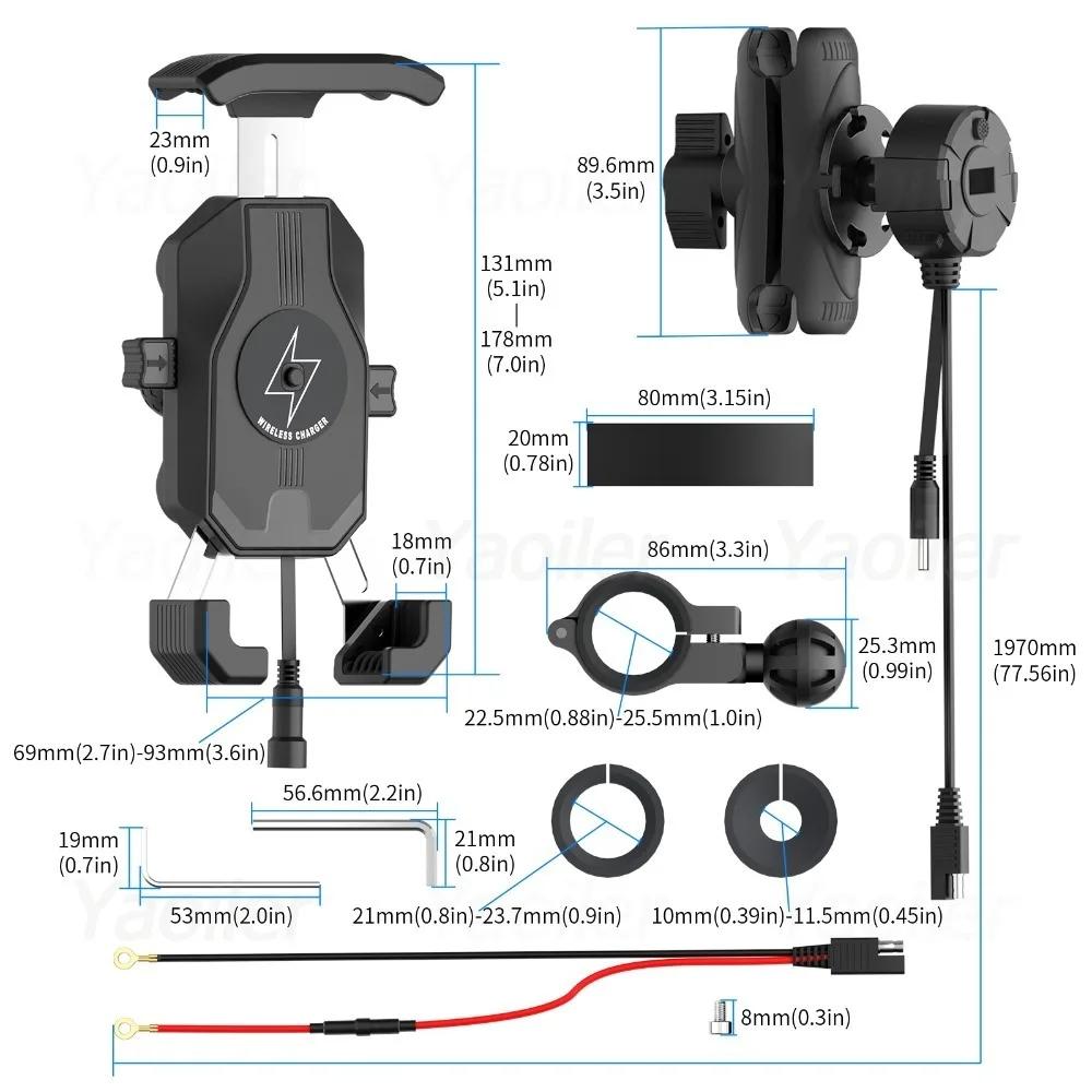 Motorcycle Phone Holder 15W Wireless Charger Motorbike Shock-absorbing Handlebar Mount with C Type Fast Charging Cellphone Stand