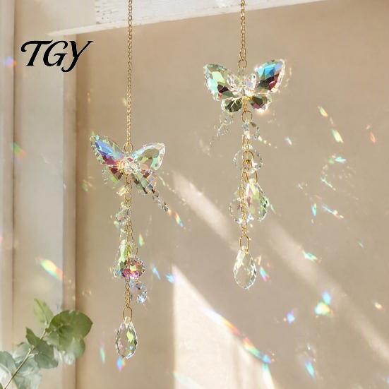 Boho Style Room Hanging Decorations Butterfly & Dragonfly Crystal Suncatcher, Colorful Rainbow Maker Prism Reflective Garden Art Decor Ornament, Wind