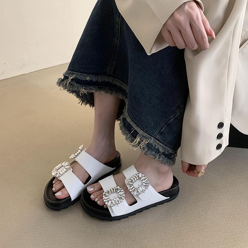 New Versatile Casual One-word Slippers Women's Summer Wear Square Buckle Rhinestone Double Belt Thick-bottomed Beach Cool Slippers