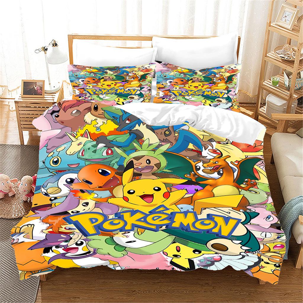 Anime P-Pokémon Printed Bedding Set New Ash Ketchum Pikachu Duvet Cover Comforter Pillowcase Boys Girls Children Adults King Gif