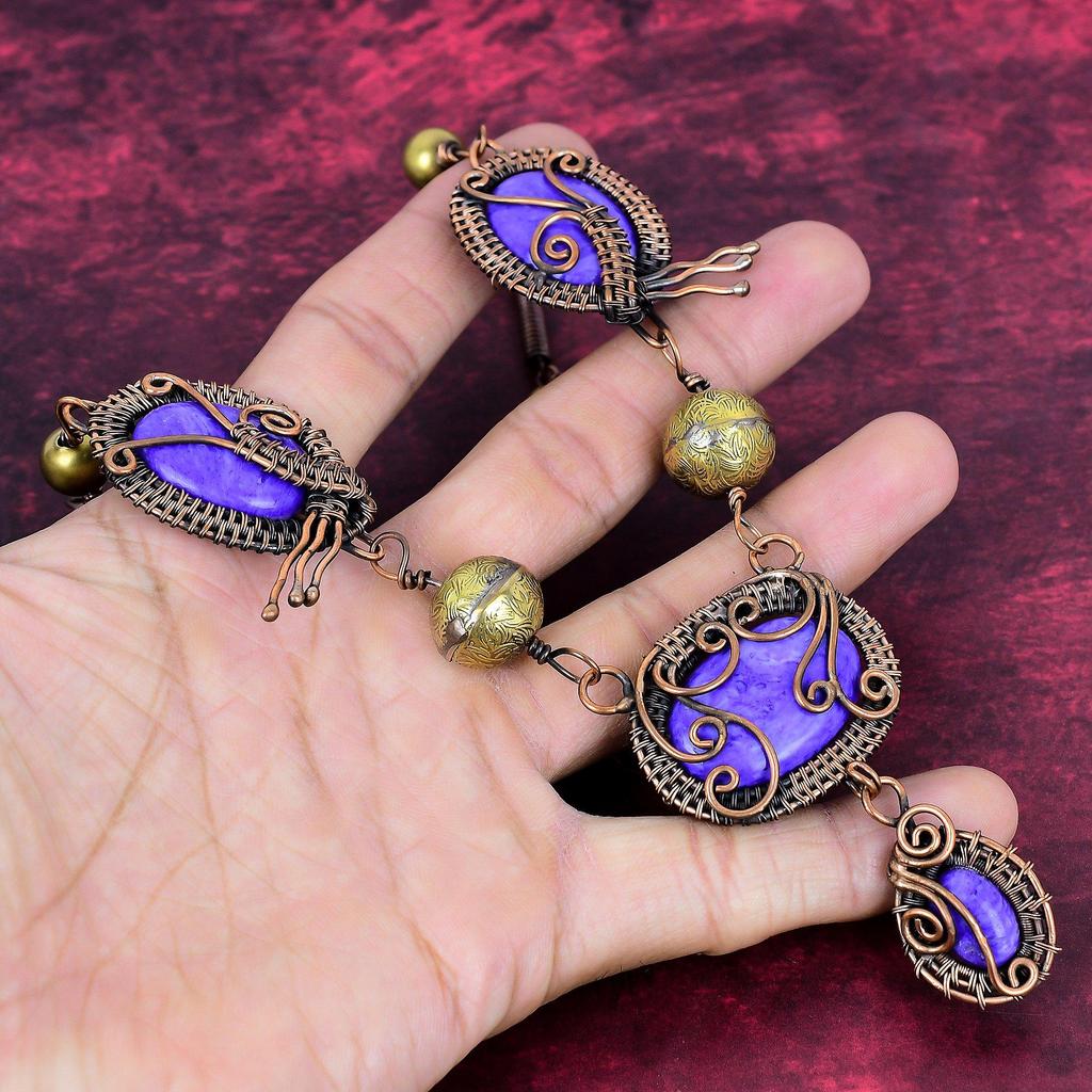 Charoite Gemstone Necklace Copper Wire Wrapped Jewelry Gemstone Necklace Adjustable Chain Necklace