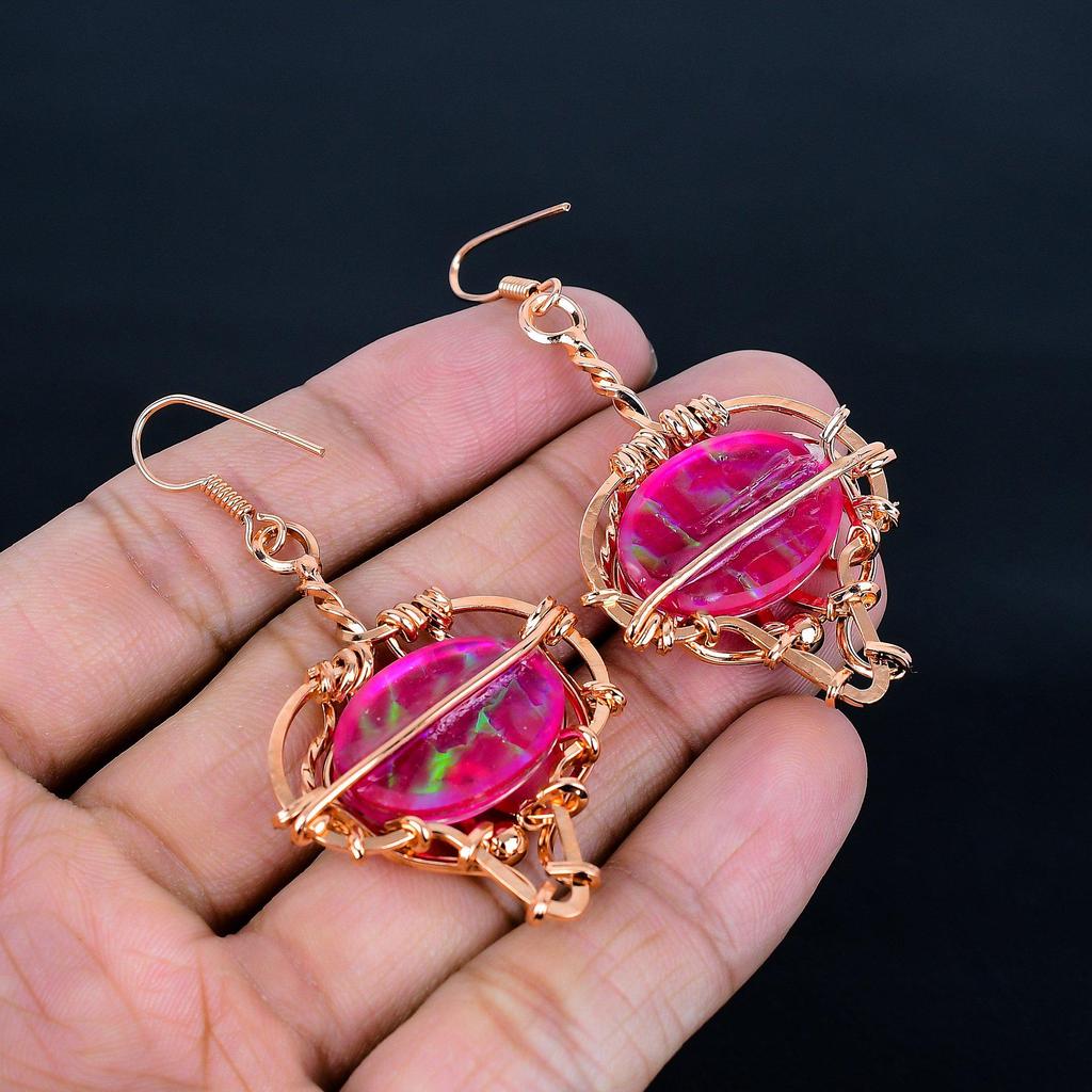Pink Australian Triplet Opal 999 Copper Wire Wrapped Earrings, Handmade Gemstone Jewelry Earrings For Memorial Day