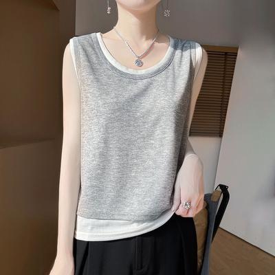 This Summer Double-layer Two-piece Knitted Sleeveless Vest Is A Versatile Low Round-neck Strappy Top