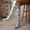 Mode Eilyken Street Style Silber Damen Kniehohe Stiefel Sexy Spitz Zehenbereich Dünne Hohe Absätze Langer Seitenreißverschluss Damenschuhe