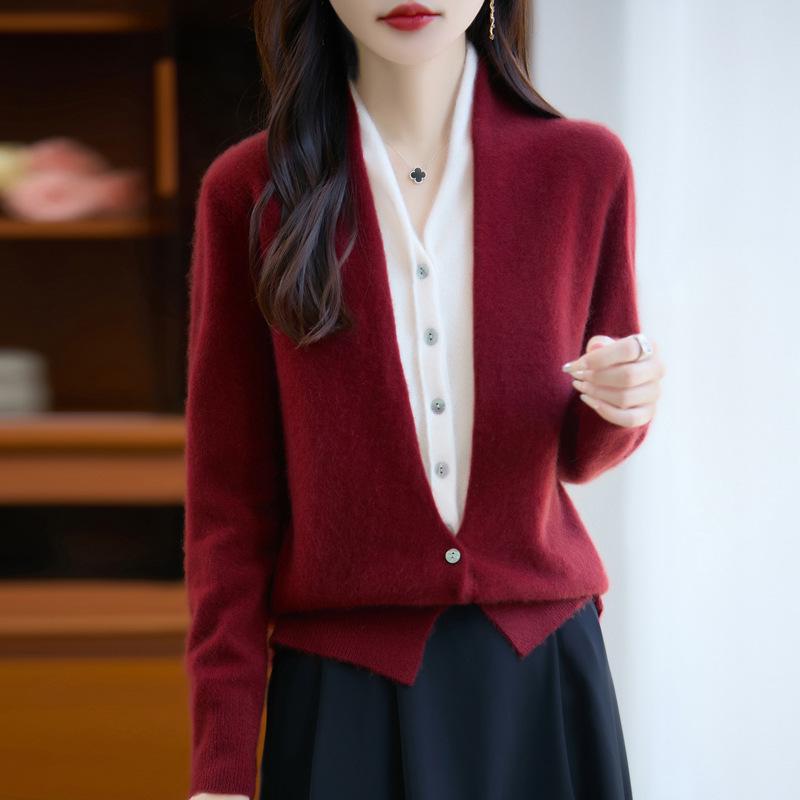 Women's French V-Neck Wool Cardigan - Faux Two-Piece, Long Sleeve, Color Block, Autumn/Winter Collection