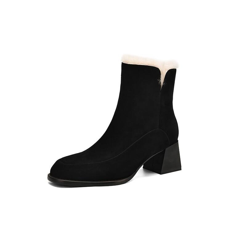 

Fashion NEW Winter Women Boots Sheep Suede Leather Shoes for Women Round Toe Chunky Heel Shoes Warm Wool Snow Boots Zipper Modern Boots 42 чёрный