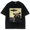 Raccoon Selfie UFO Funny Print T Shirt Men Women Novelty T Shirts 100% Cotton Oversized Casual Summer O-Neck T-shirts Streetwear
