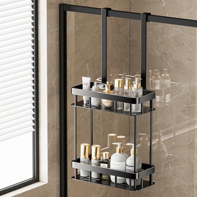 No-Drill Shower Caddy | Bathroom Glass Door Storage Basket | Towel Organizer Rack for Convenient Bathing Space