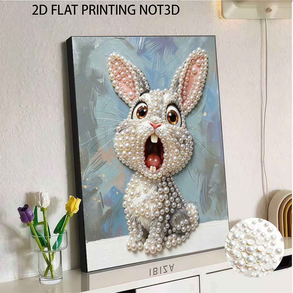 Pearl Painting DIY Kit Surprised Cute Rabbit Design Frameless Shiny Bead Canvas Creative Craft for Home Wall Decor Art Project Gift