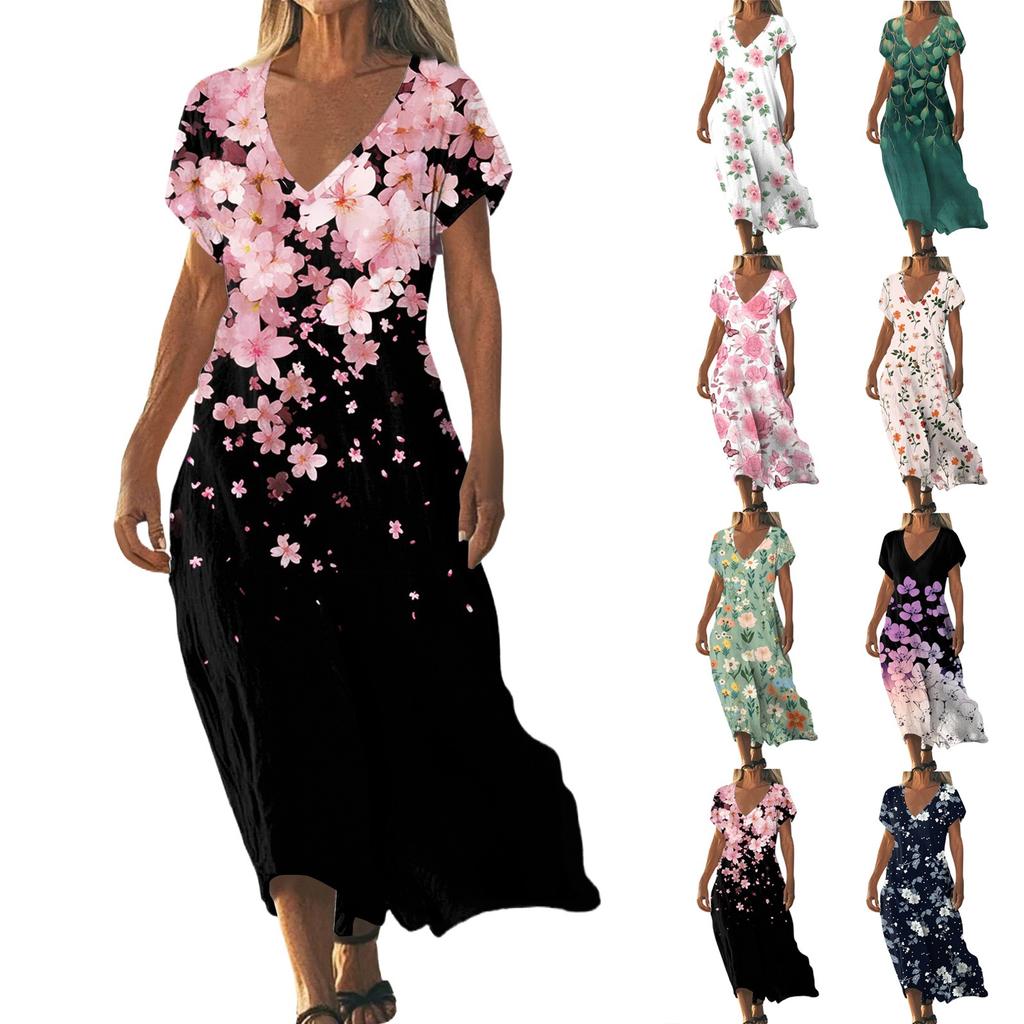 Summer Dress Women's Long Boho Beach Dress Elegant Maxi Dress V-Neck Short Sleeve Summer Tunic Dress Light Airy