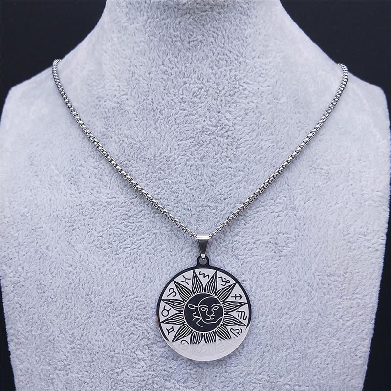 12 Constellations Sun Moon Astrology Stainless Steel Chain Necklace Silver Color Jewelry collier signe astrologique 3425-QKC