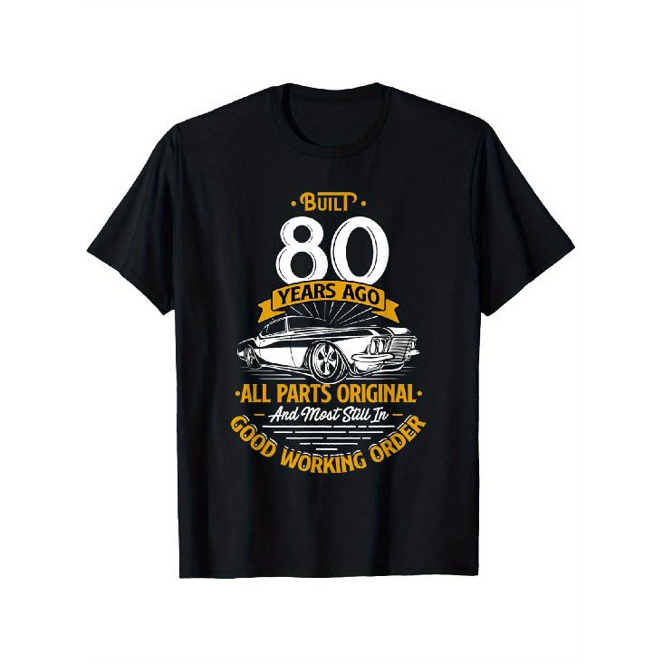 1pc Men S Vintage 80th Birthday T-Shirt - Built 80 Years Ago Classic Car Graphic Tee with 1950s Car Design, Black Retro Shirt for 80th Birthday Party S чёрный