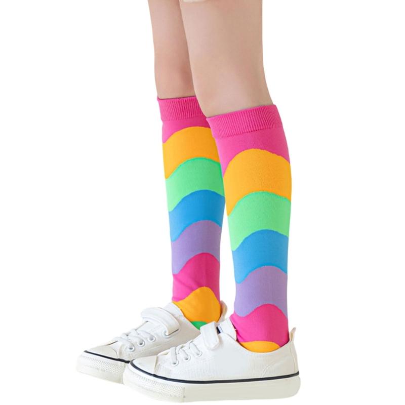 

Kids Long Socks Vibrant Rainbow Stripes Comfortable Elastic Design Durable Socks for Active Children Year Round Use розовый