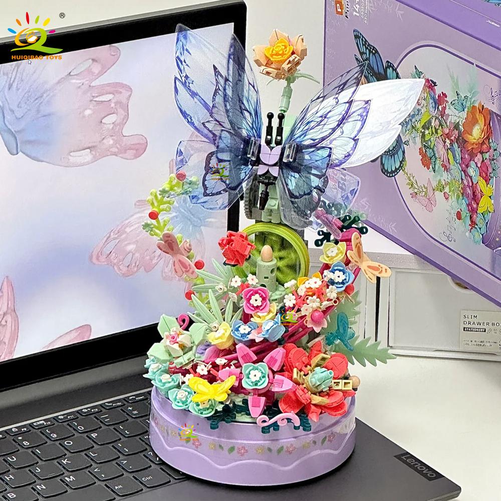 Non-Toxic 630Pcs Moc Butterfly Music Box Model Building Block Flower Brick Construction Toy For Children Desk Home Decoration