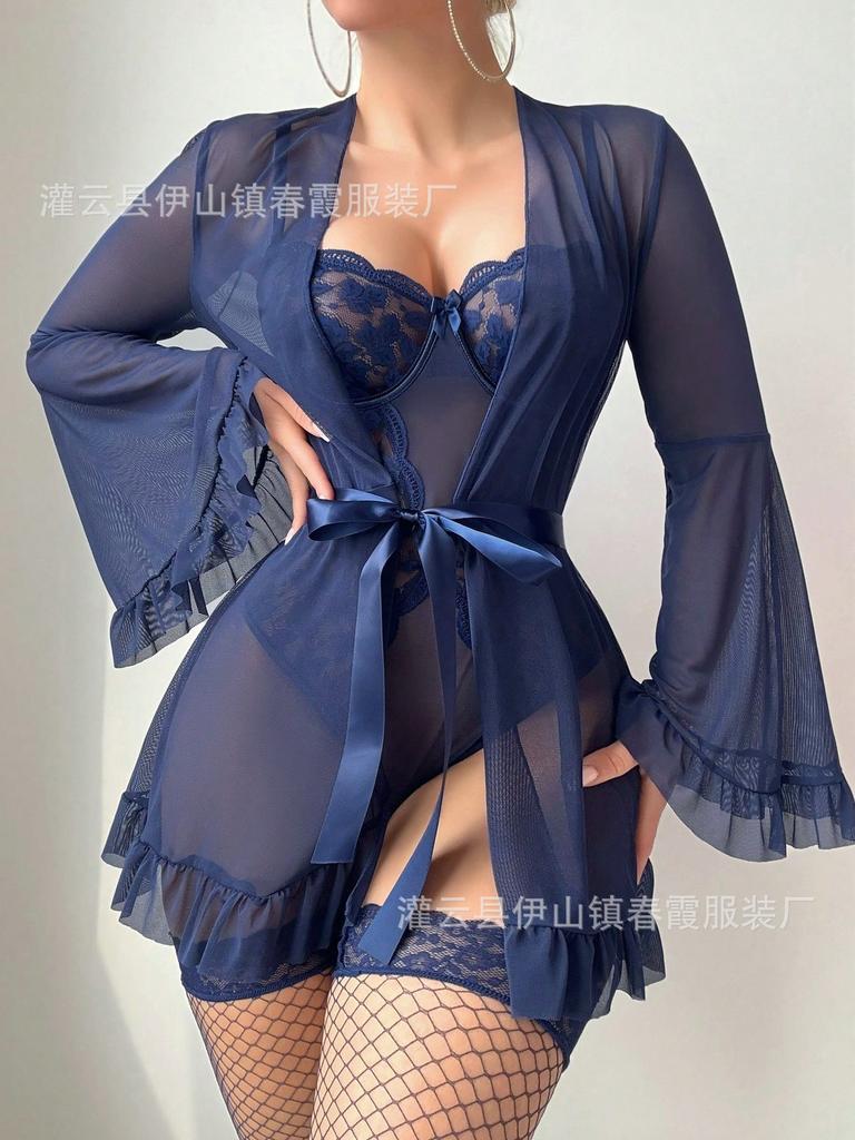 Sexy sexy Nachthemd Pyjama Damen Nachthemd Spitze Netz Schal Zweiteiler Set