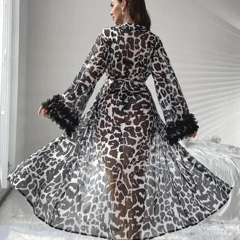 Sexy Long Leopard Print Robe Women's Casual Home Clothes Morning Robe Sleepwear Comfortable Summer Home Fashion Robe