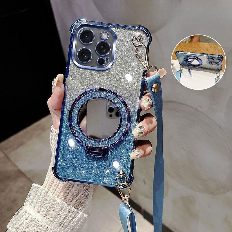 Crossbody Lanyard Shockproof Glitter Plating Mirror Magsafe Holder Case for iPhone 16E 16 15 14 Plus 13 12 11 Pro XS Max XR X