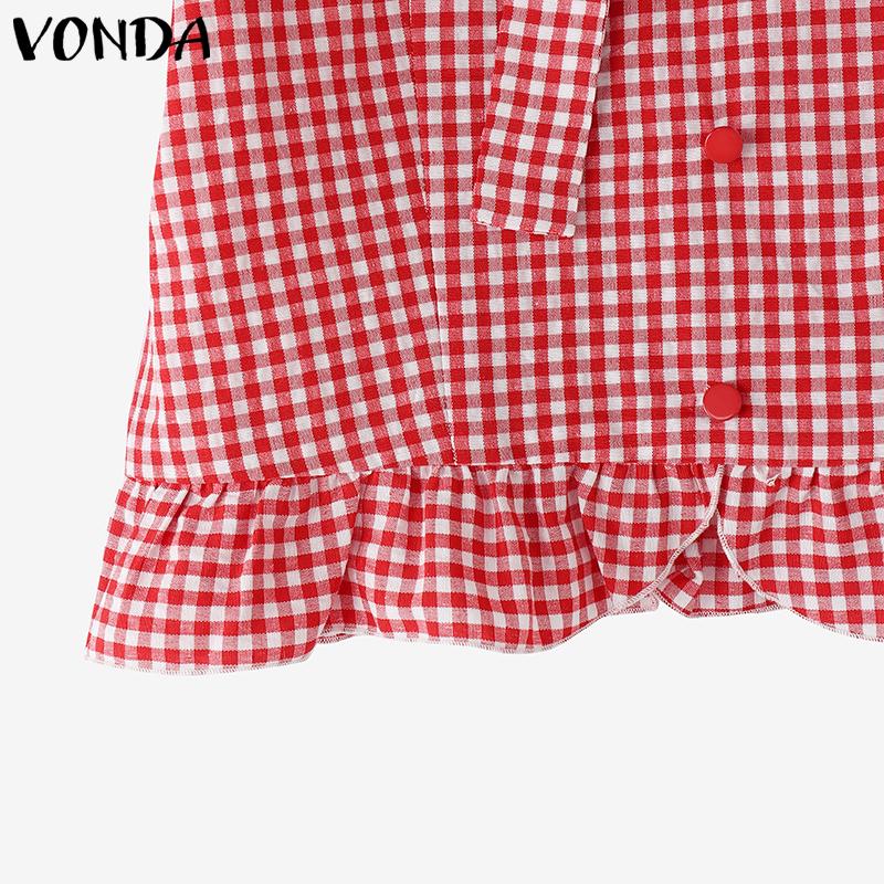 VONDA Women Summer Square Collar Short Puff Sleeve Bow Knot Plaid Print Casual T-shirts