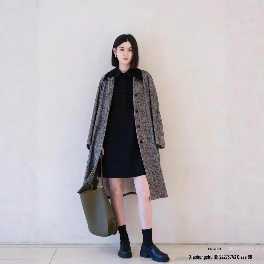 IC Xiaohe 2025 Herbst Damen Wollmischung Tweed Langer Mantel