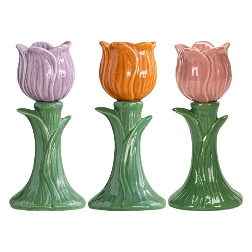 Portavelas Tulipán Estilo Nórdico Diseño Simple Portavelas Hecho a Mano con Forma de Flor Creativo Decorativo Cerámica Soporte para Velas Tulipán