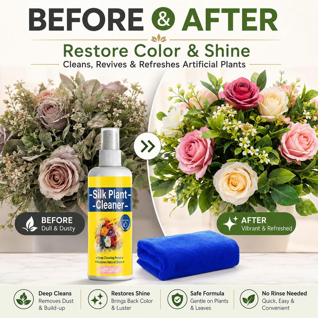 Seidenpflanzen-Reinigungsspray 120 ml mit Mikrofasertuch zur Staubentfernung und Oberflächenpflege Geeignet für künstliche Blumen und Blattwerk