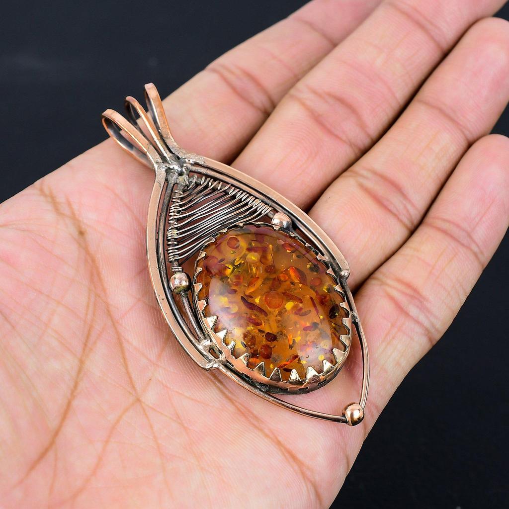 Baltic Amber Gemstone Pure Copper Wire Wrapped Handmade Pendant Jewelry For Her