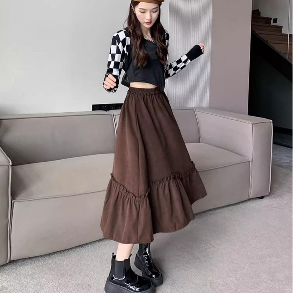 WTEMPO Vintage Corduroy Skirt Autumn Winter High Waist Midi Swing Skirt Women's A Line Dress