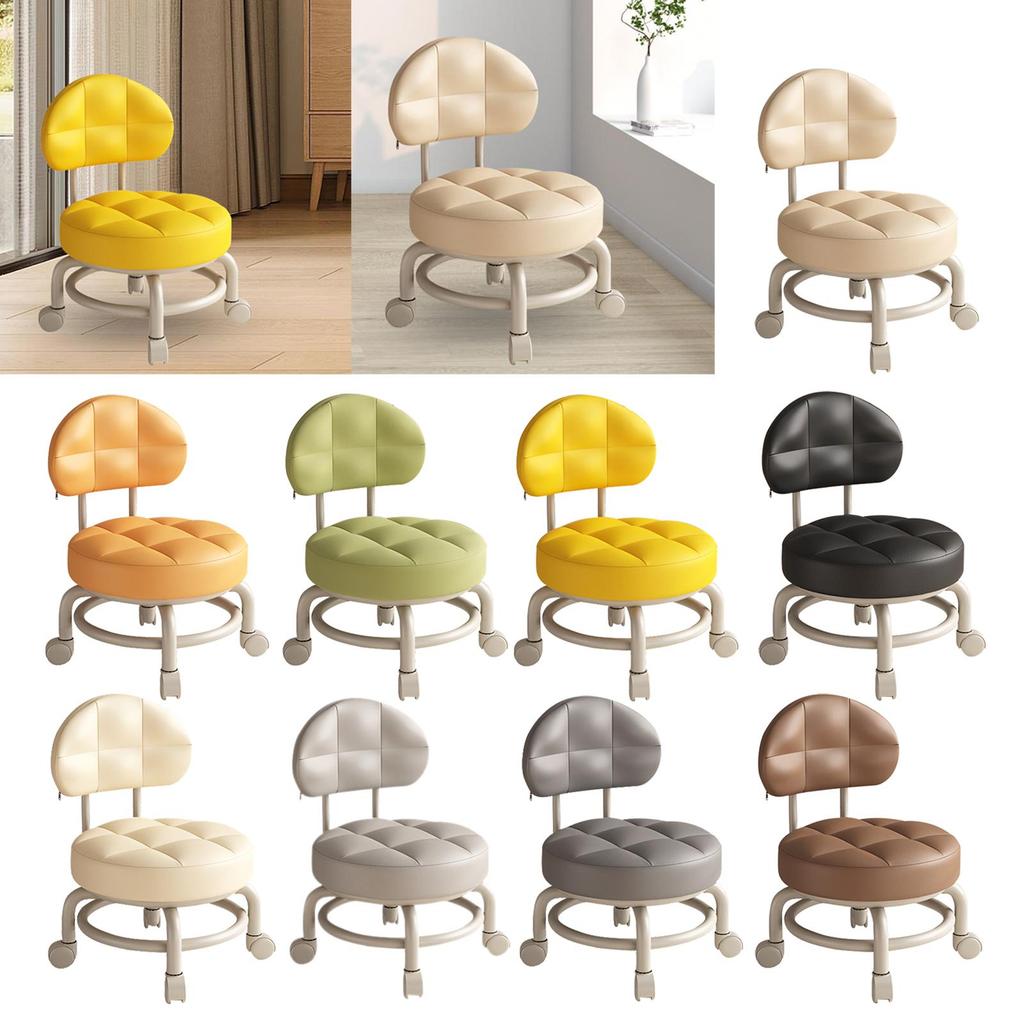 Low Round Rolling Stool PU Leather 360° Rotating Pulley Stool Roller Seat Short Stool for Home Library Office Garage Salon