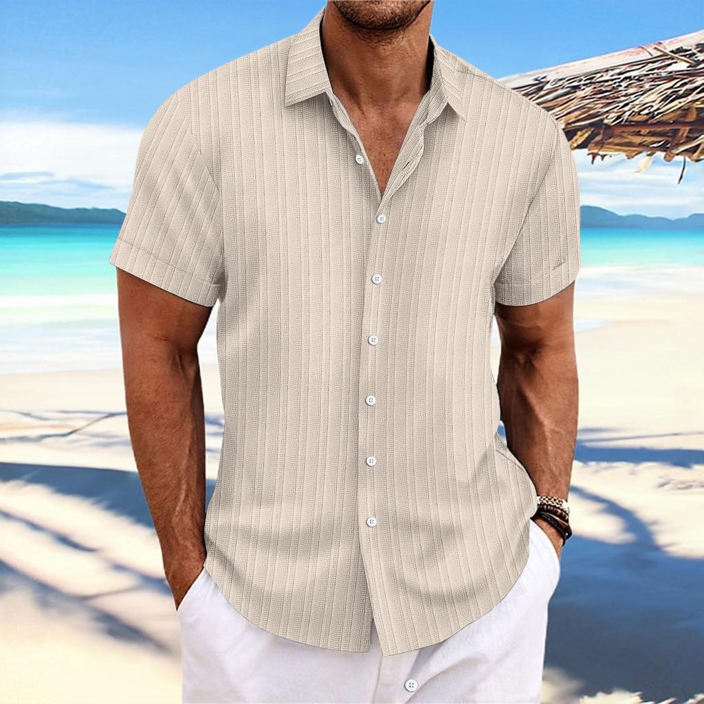 Herren Gestreiftes Baumwoll-Leinen Kurzarm Jacquard Freizeit Hemd