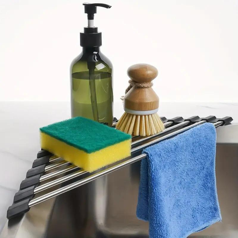 Roll Up Triangle Dish Drying Rack Kitchen Sink Organizer Corner Over The Sink Sponge Rag Holder Foldable Stainless Steel Drainer