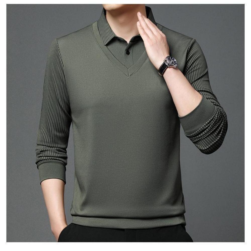 Men's Casual Long Sleeve Polo Shirt Polyester & Spandex Blend, Lapel Collar, Striped Knit Fabric with Slight Stretch, Button Detail, Spring/Fall Wear