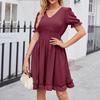 Women's Fashion Solid Colour V-Neck Waist Slimming Beach Casual Dresses