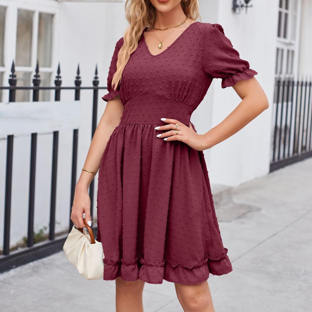 Women's Fashion Solid Colour V-Neck Waist Slimming Beach Casual Dresses