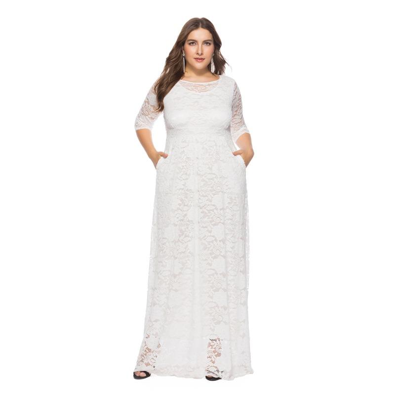 Trendig Plus Size Spetsad Kvällsklänning med Fickor och Urskurna Korta Ärmar