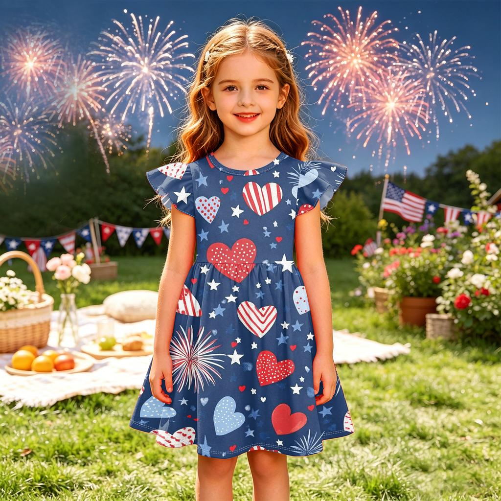 Girls Flutter Sleeve Dress Independence Day Themed Cupcake Print Spliced Skater Dress Toddler Kids Casual Party Dress