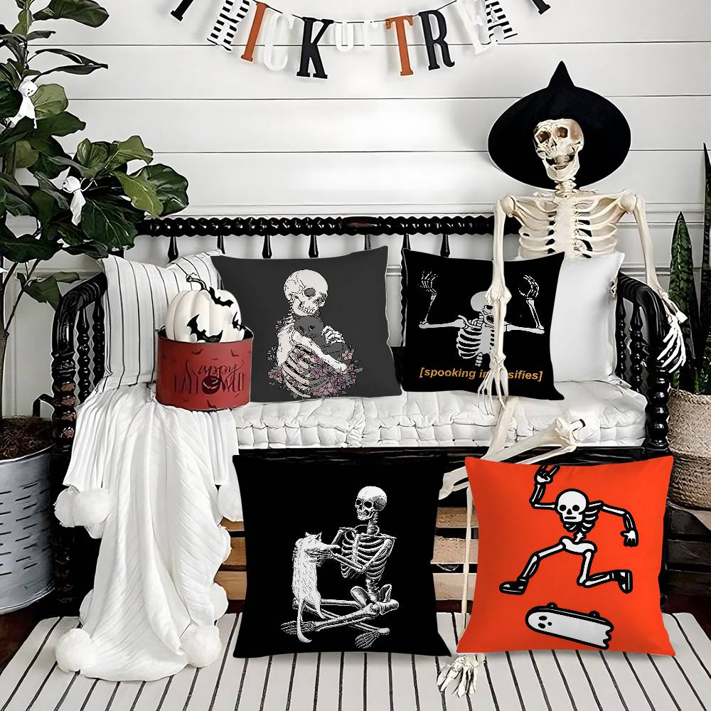 Creepy Skeleton Cat Halloween Pillow Case Short Plush Double-Sided Print Square Throw Pillow Covers Sofa Home Cushion Decor