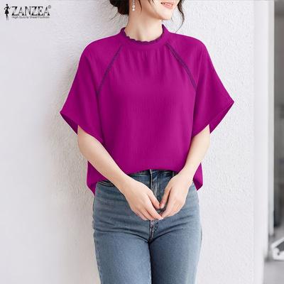 Women Casual Stand Collar Loose Summer Short Sleeve Blouse