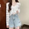 Summer V-neck hollow new slim-fitting and thin drawstring short outer knitted sweater women's thin solid color top