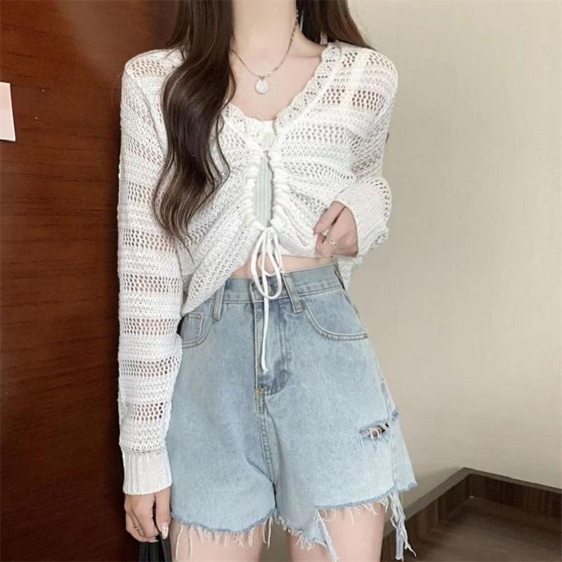 Summer V-neck hollow new slim-fitting and thin drawstring short outer knitted sweater women's thin solid color top