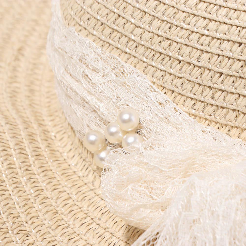 Spring Summer Bow Ribbon Straw Hat Big Brim Women's Sun Hat Fashion Lace Pearls Straw Hat  Travel