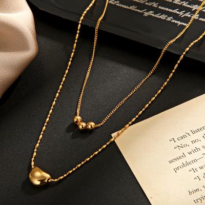 Double Moon Pendant Necklace Women's 18k Gold Plated Niche Design Round Beads 3 Round Beads Stainless Steel Necklace Tide