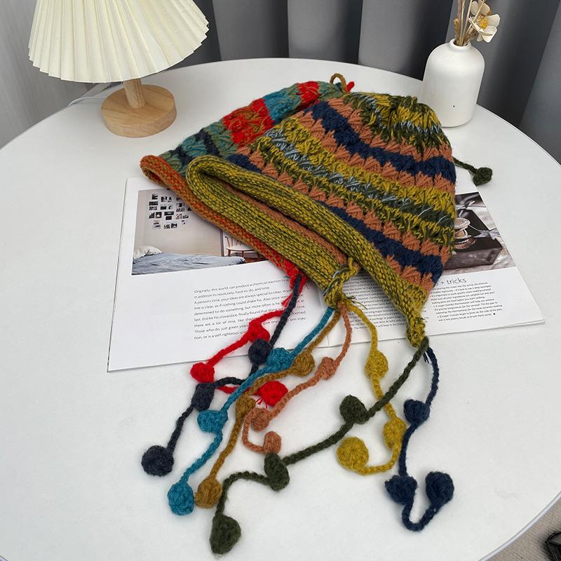 Handmade Crochet Ear Protection Woolen Hat for Women in Autumn and Winter with Colorful Tassel Ball Pullover Cold Hat Knitted Lei Feng Hat