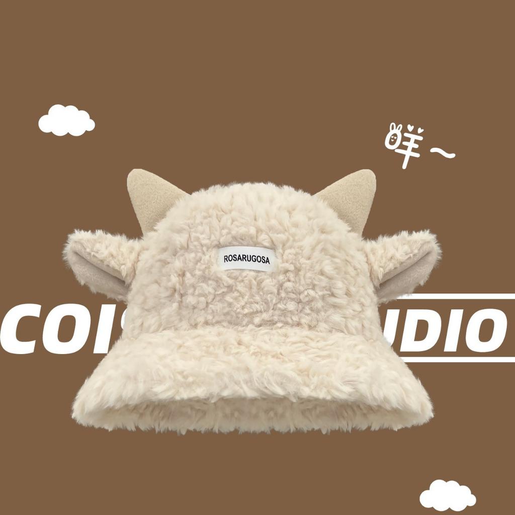 2025 New Cute Lamb Ears Plush Fisherman Hat Children's Season Warm Sweet Washbasin Hat Tide