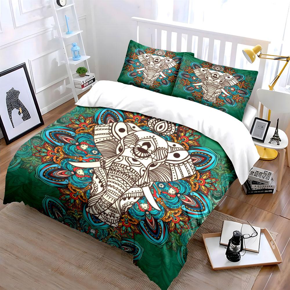 Elephant Mandala Art Set Decor Soft Skin-Friendly Bedding Set Includes 1 Duvet Cover And 2 Pillowcase Gift