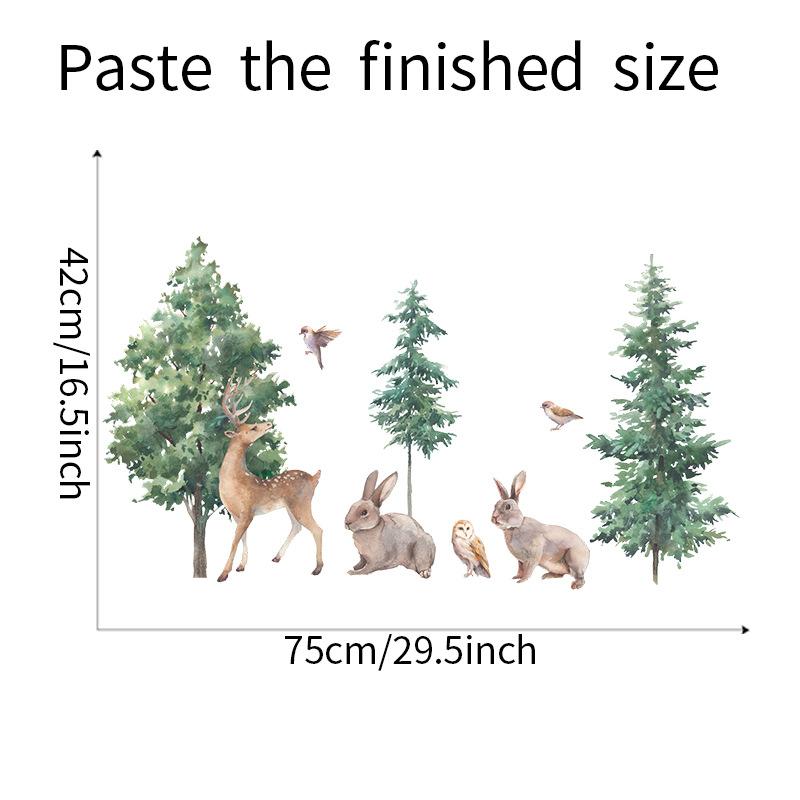 Cartoon Forest Deer Wall Stickers with Pine Trees, Removable Decals for Kids Room Nursery Kindergarten Decor