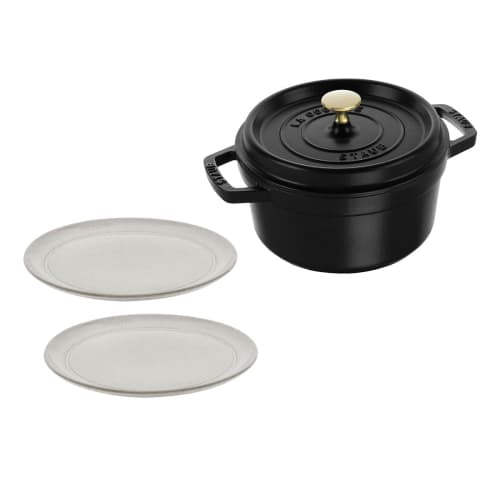 

Набор к 50-летию STAUB: Черный круглый кокот 20 см + керамическая тарелка