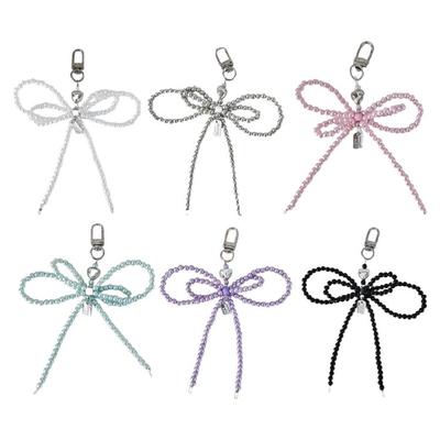 Lovely Bowknot Bag Charm Silver Heart Multipurpose Keychain Bowknot Bag Pendant Beaded Key Adornment for Daily Use