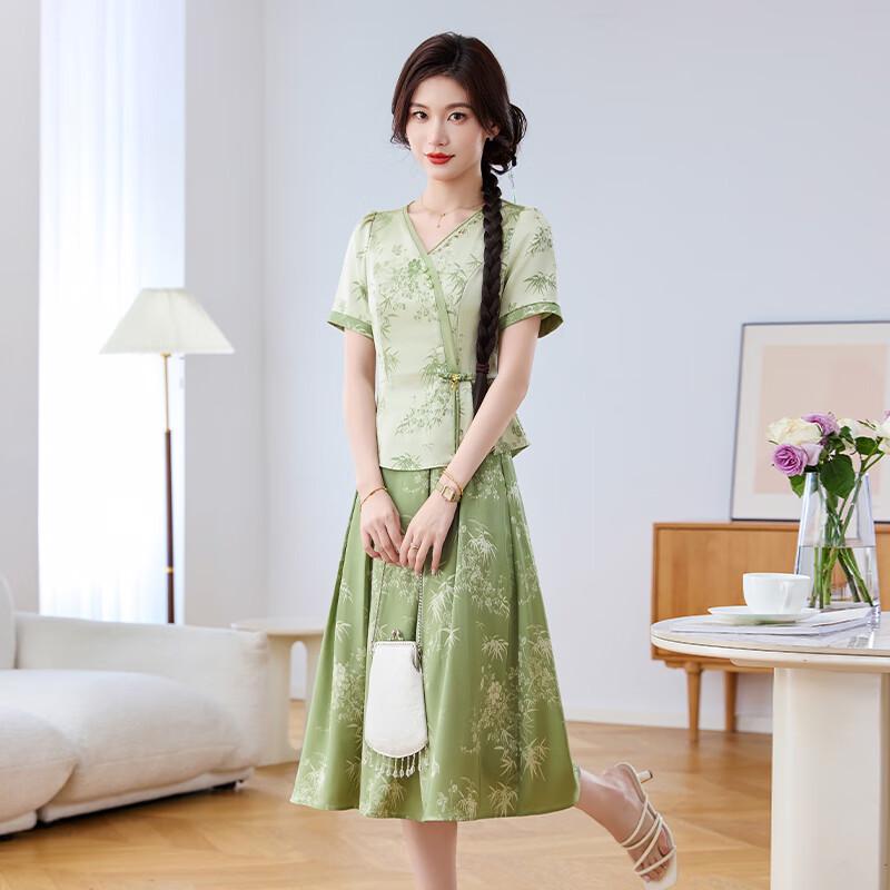 Elegant Green New Chinese Style Cheongsam Two-Piece Suit